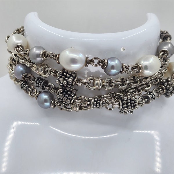 Vintage Sterling Silver Multi Row Pearl Michael Dawkins Bracelet 7"