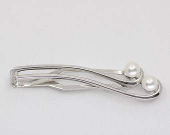 Vintage 0.800 Silver Mikimoto Double Pearl Tie Clip - 2.25"