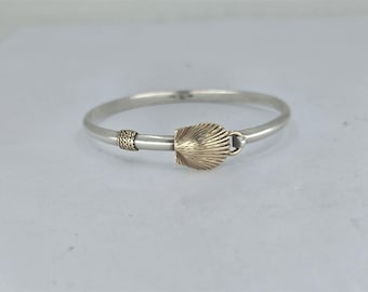 Vintage SS/14K Shell Bangle Bracelet 2 3/8th&quot;