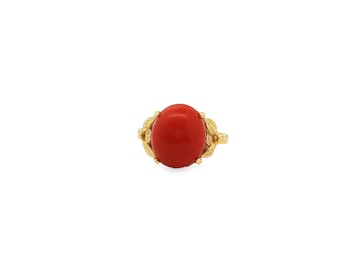 Vintage 13KY+14KY Leaf Ring w/ Oval-Cut Coral - Size 6