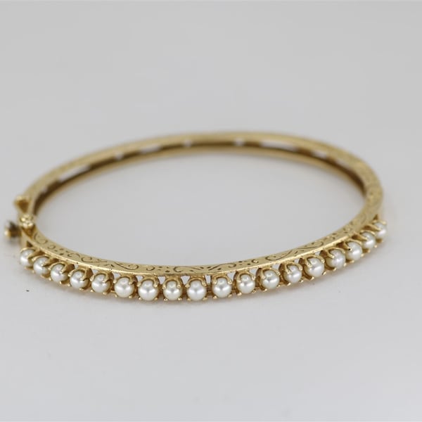 14K Yellow Gold Vintage 2 3/8 Inch Pearl Bangle