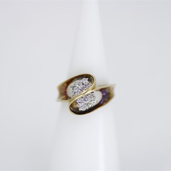 14K Vintage Yellow Gold Size 4.75 Bypass Open Oval Diamond Ring 0.36 cttw