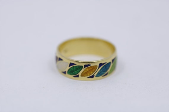 18K Vintage Yellow Gold Size 10 Enamel Multi-Colo… - image 4