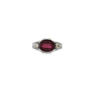 May include: A silver ring with a large, oval-cut, deep red gemstone. The ring has intricate detailing on the band, with gold accents and floral or starburst patterns on the sides. The gemstone is the focal point.