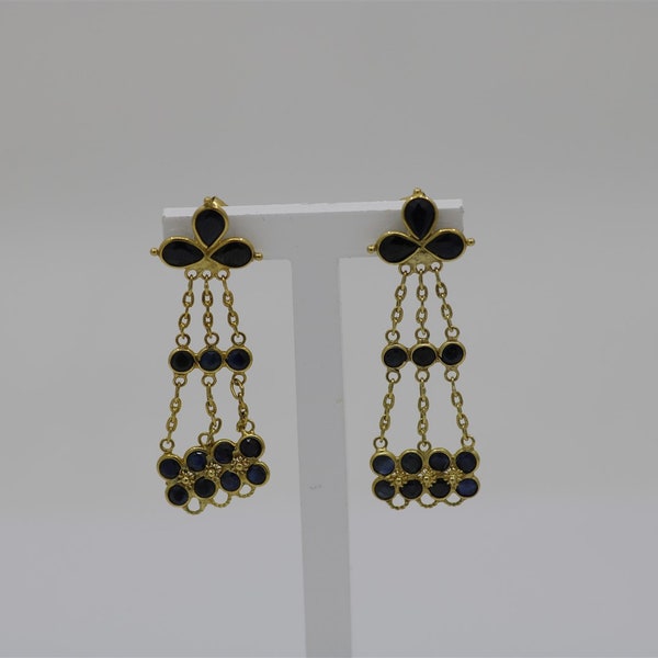 Vintage 18k Yellow Gold Sapphire Earrings 1.25"