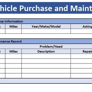 May include: A blank vehicle purchase and maintenance record form with sections for purchase information and maintenance record. The form includes columns for date, miles, year/make/model, asking price, price paid, previous owner/location, notes, problem/need description, repair need, parts required, estimated cost, actual repair cost, mechanic, parts, labor, and total.