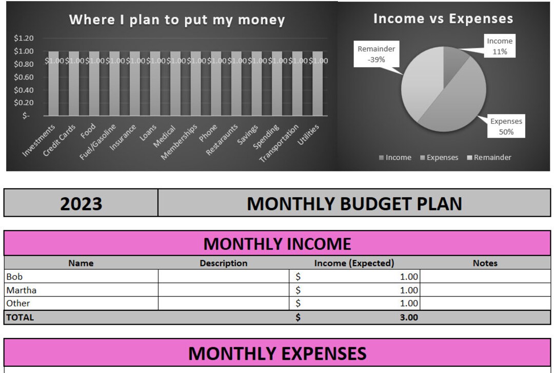Simple Monthly Budget Planner Spreadsheet - Pink/grey - Etsy