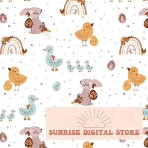 May include: A seamless pattern featuring pastel colored bunnies, chicks, ducks, and rainbows. The background is white with small white dots. The pattern is perfect for fabric, wallpaper, or wrapping paper.
