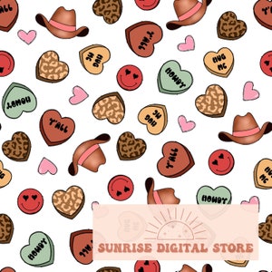 May include: A seamless pattern featuring a variety of Valentine's Day themed elements, including hearts with different sayings, cowboy hats, and smiley faces. The background is white.
