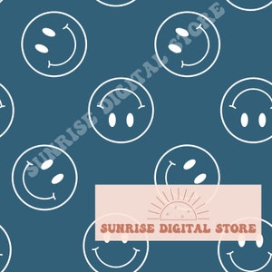 May include: A seamless pattern featuring white smiley faces on a teal blue background. The smiley faces have two eyes and a curved mouth.