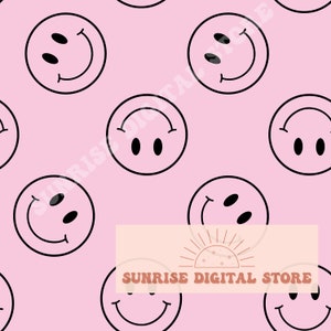 May include: A seamless pattern featuring black and white smiley faces on a pink background.