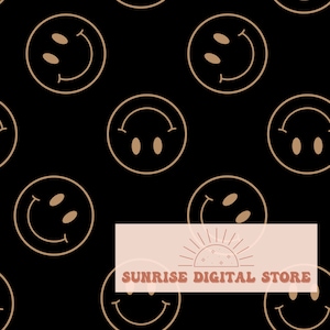 Smile Face Seamless Pattern Tan on Black Retro Smiles, Repeat Pattern, Commercial Use, Neutral Boho Tan Happy Faces, Non-Exclusive
