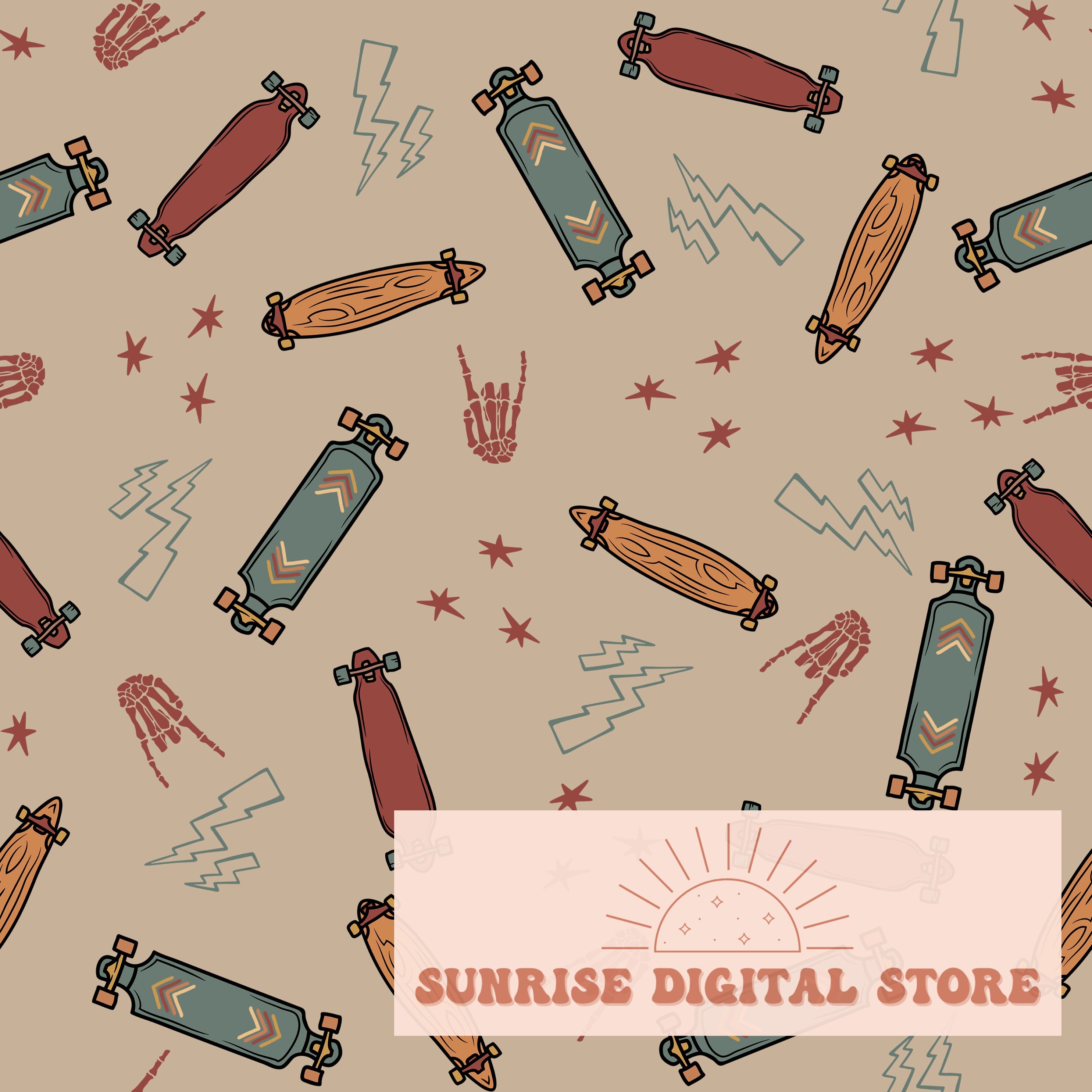 Punk 90s Skateboards and Longboards Seamless Pattern Lightning Bolts ...