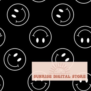 Smile Face Seamless Pattern White Smiles on Black Background Retro Smiles, Repeat Pattern, Commercial Use, Happy Faces Print, Non-Exclusive
