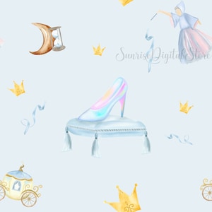 Cinderella Princess Seamless Pattern Watercolor Seamless Paper PDF Glass Slipper Princess Carriage repeating pattern design