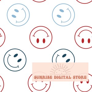 4th of July Smile Face Seamless Pattern on White Background, Repeat Pattern, Commercial Use, Red White & Blue Happy Faces for Fourth of July