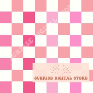 May include: A digital paper with a checkerboard pattern in shades of pink. The background is white. The bottom of the image has a peach-colored banner with a stylized sun and the text "SUNRISE DIGITAL STORE".