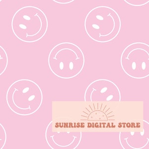 May include: A seamless pattern featuring white smiling faces on a pink background. The pattern is repeated throughout the image. The text "SUNRISE DIGITAL STORE" is displayed in a brown retro font at the bottom of the image.