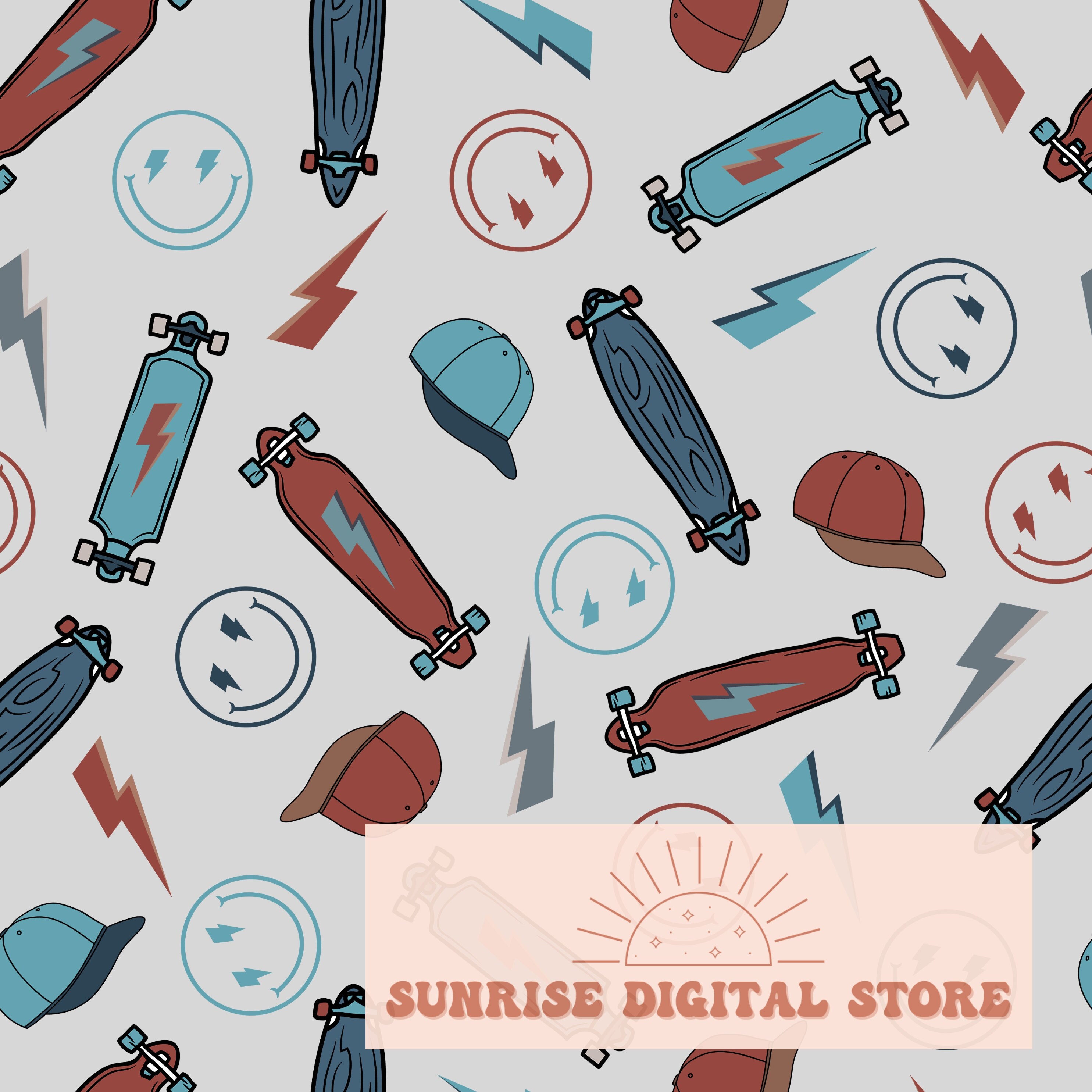 90s Skateboard Retro Seamless Pattern With Smiles, Lightning Bolts, and ...