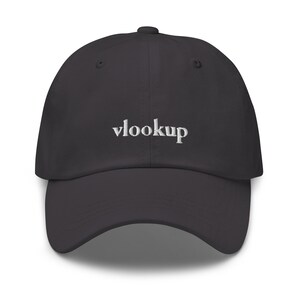 May include: A dark gray baseball cap with the word "vlookup" embroidered in white on the front.