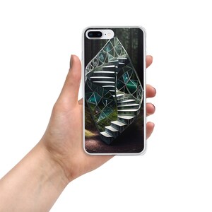 May include: A white iPhone case with a colourful, abstract design featuring a spiral staircase. The design is reminiscent of a stained glass window.