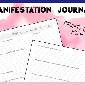 May include: Printable manifestation journal with a pink watercolour background. The journal includes sections for daily goals, to-do lists, quantum questions, and reflections on thoughts and emotions.