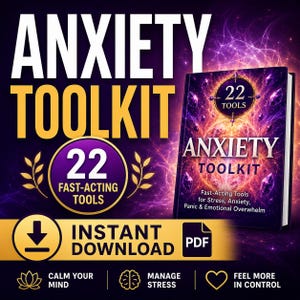 Może przedstawiać: Cyfrowa książka zatytułowana Anxiety Toolkit zawierająca 22 szybko działające narzędzia na stres, niepokój, panikę i przeciążenie emocjonalne. Okładka przedstawia fioletowo-złotą grafikę z kryształami. Zawiera ikonę PDF i tekst.