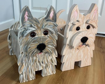 Cairn Terrier Dog Handmade and Painted Wood Organizer Planter