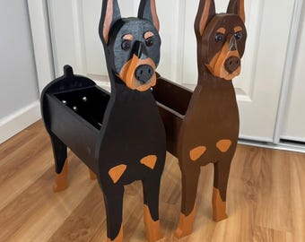 Doberman Pinscher Dog Handmade and Painted Wood Organizer Planter
