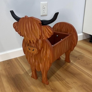 Highland Cow Farm Animal Handmade and Painted Wood Organizer Planter