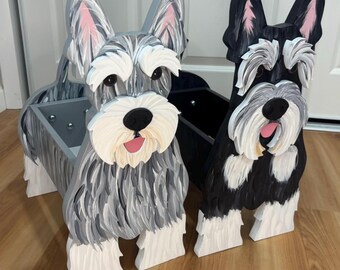 Schnauzer Dogs (Cropped Ears) Handmade and Painted Wood Organizer Planter