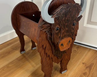 Bison Buffalo Wild Ox Planter Handmade Painted Wood Farm Animal Organizer