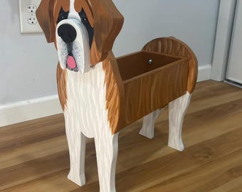 Saint Bernard Dog Handmade and Painted Wood Organizer Planter