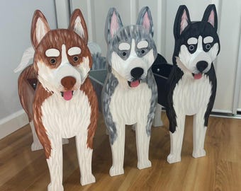 Siberian Husky Dog Handmade and Painted Wood Organizer Planter