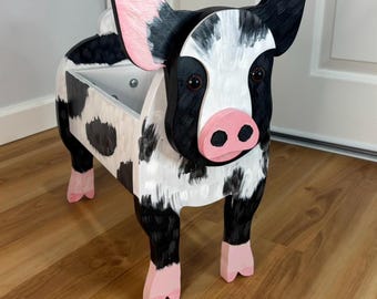 Pig Swine Hog Farm Animal Handmade and Painted Wood Organizer Planter