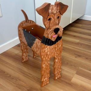 Terrier Airedale, Welsch, Lakeland Dog Handmade and Painted Wood Organizer Planter