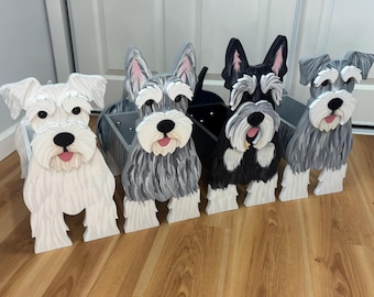 Schnauzer Dog (Floppy Ears) Handmade and Painted Wood Organizer Planter