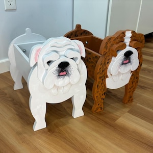 English Bulldogs Bull Dog Handmade and Painted Wood Organizer Planter