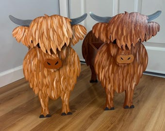 Highland Cow Farm Animal Handmade and Painted Wood Organizer Planter