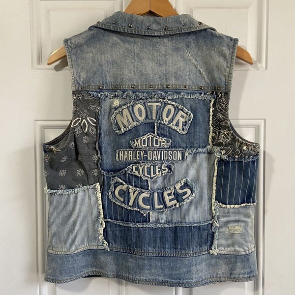 Genuine Motor Clothes Harley Davidson Denim Vest Patchwork Motorcycle Vest Bandana Size Women Large