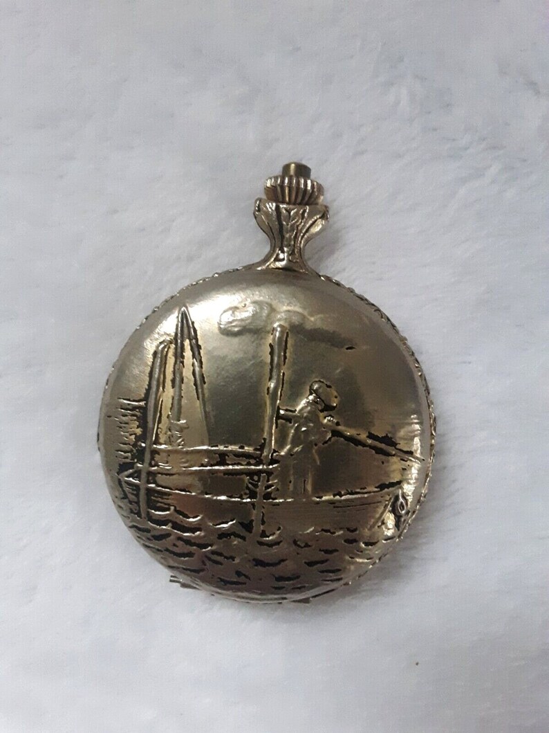 Gold Plated Remington Pocket Watch Fishing Design Quart Zarama Vintage