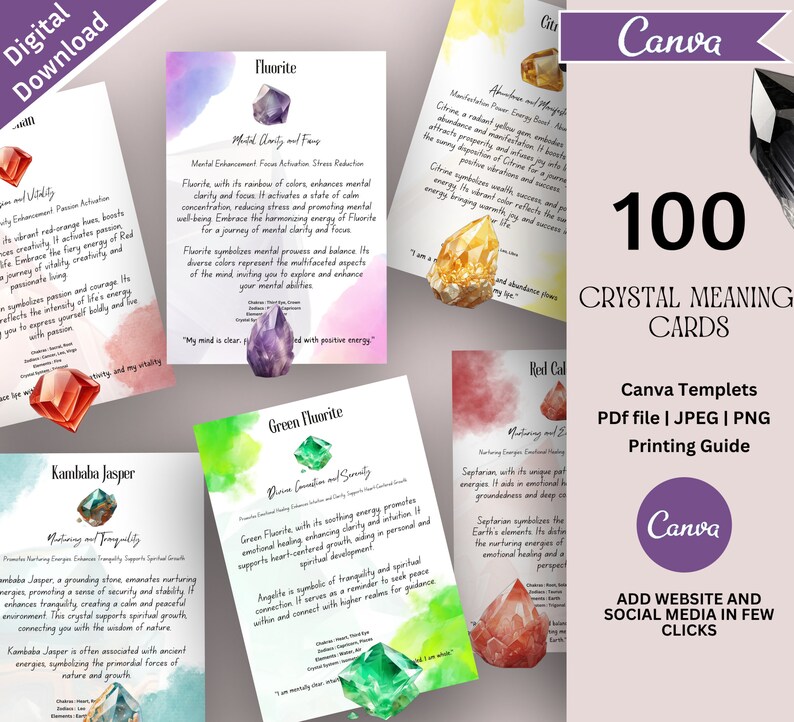 100 Editable Crystal Meaning Cards, Printable Gemstone Meaning Cards ...