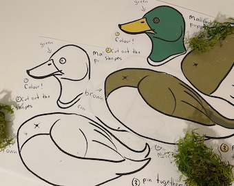 Mallard Duck paper puppet printables (line art + colored)