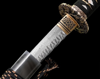 Hand-Forged Damascus Steel Katana, Full Tang Samurai Sword with Grey Lacquered Scabbard, Collector Gift
