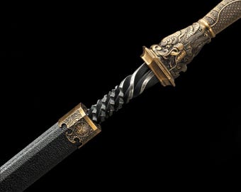 May include: A sword featuring a black textured scabbard with an ornate gold-colored metal fitting, a central twisted dark metal section, and a handle decorated with intricate gold-colored relief carvings of clouds and waves against a black background.