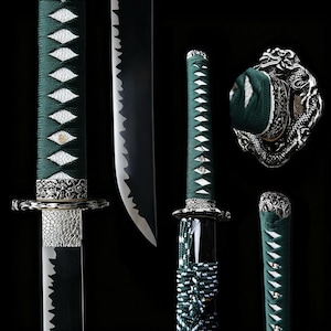 May include: A detailed image of a katana sword with a black blade and a green handle wrapped in white diamond-shaped patterns. The sword features ornate silver-colored metalwork and a dragon-shaped guard. The overall aesthetic is traditional and elegant.