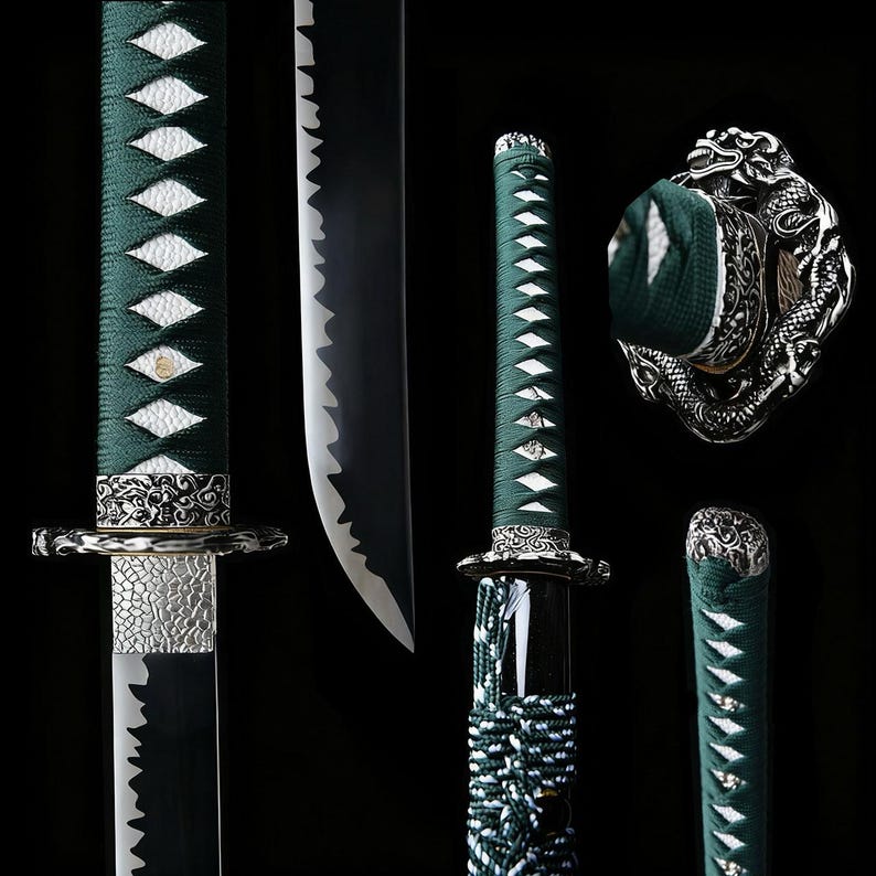 May include: A detailed image of a katana sword with a black blade and a green handle wrapped in white diamond-shaped patterns. The sword features ornate silver-colored metalwork and a dragon-shaped guard. The overall aesthetic is traditional and elegant.