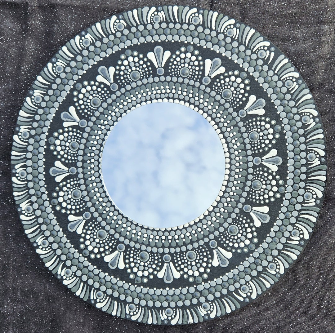 Dot Mandala Mirror, Black, White, Gray, Neutral, Dot Art, Wall Hanging