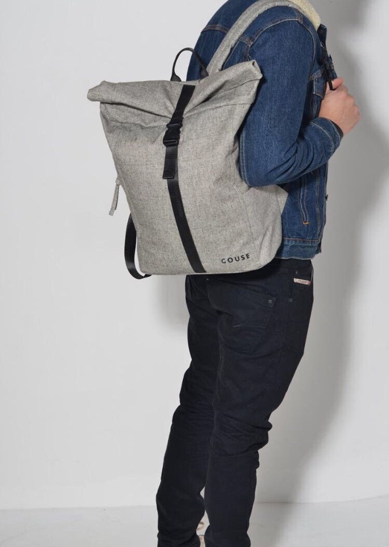 Grey Roll Top backpack, school, university, college bag, GIRLS. BOYS image 2