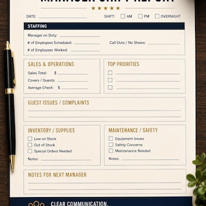 Puede incluir: Un formulario impreso de informe de turno de gerente, etiquetado como Form 1 of 6, con secciones para personal, ventas, operaciones, quejas de clientes, inventario y mantenimiento. El documento incluye casillas de verificación y líneas para notas.